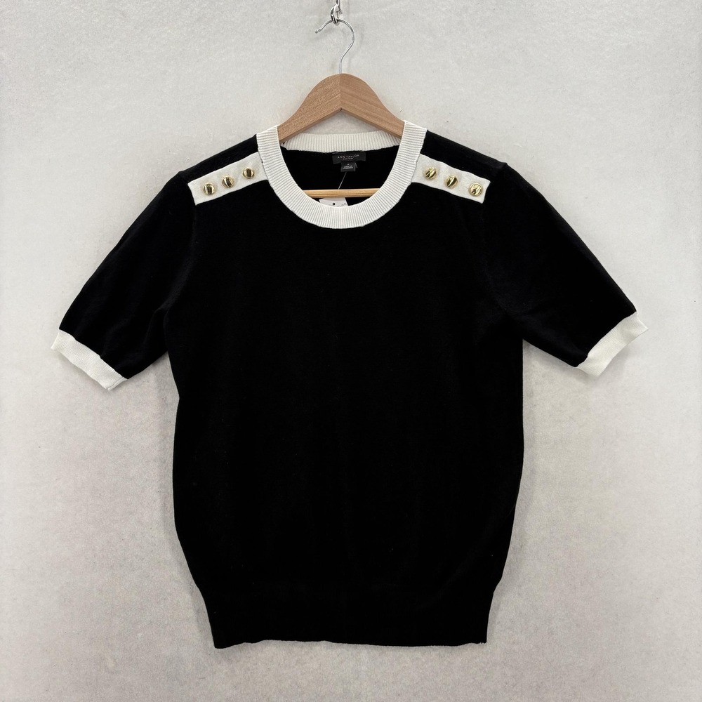 Ann Taylor Factory Sweater Womens Medium Black Button Shoulder Short Sleeve Knit